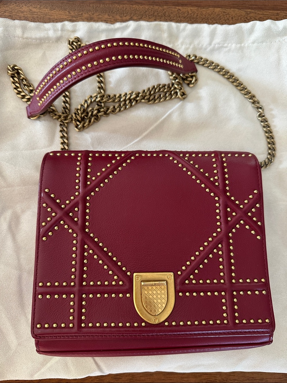 Christian Dior Diorama Burgundy Flap Bag Studded Leather Clutch Wallet on Chain
